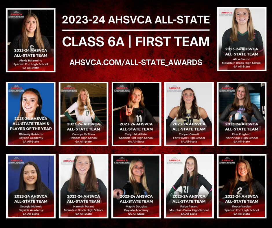 The Class 6A All-State first team featured a handful of familiar faces between three Spanish Fort Toros and Bayside Academy Admirals each. Alexis Belarmino, Carlyn McCallister and Reece Varden represented Spanish Fort and Blakeley Robbins, Georgia McInnis and Maysie Douglas represented the Admirals.