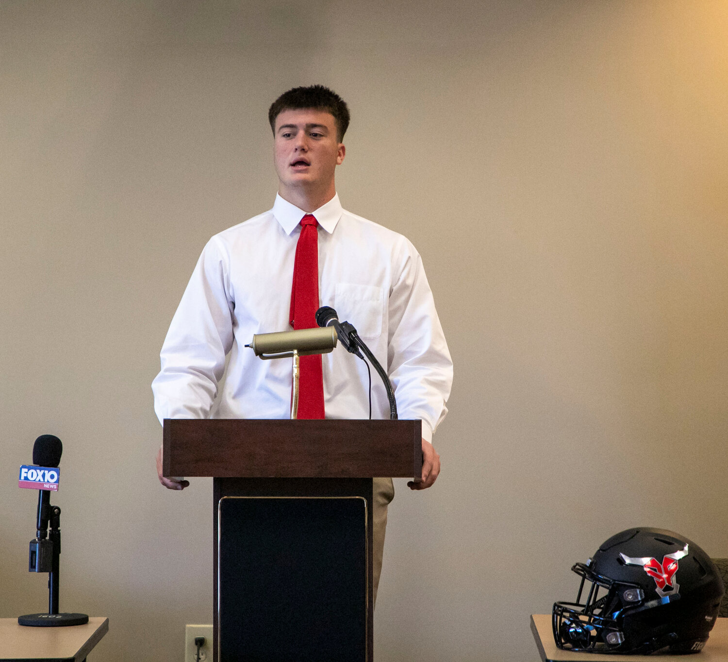 Spanish Fort’s Cole McConathy meets with the press at Bryant Bank in Daphne on July 31 for the Baldwin County Football Media Day event. The senior defensive end has gone on to record 102 tackles as one of three Toro defenders with triple-digit tackles entering the second week of the playoffs.