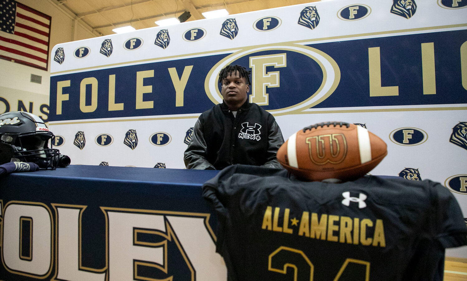 Foley High School hosted a ceremony on Friday, Nov. 17, where Lion senior Perry Thompson was presented his Under Armour All-American jersey before the game scheduled for Jan. 3, 2024. The receiver will mark just the second Foley representative at the Under Armour All-America Game after Julio Jones appeared in 2008’s inaugural contest.