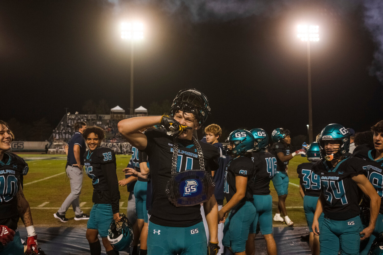 Carter Byrd celebrates with the Gulf Shores turnover chain after his pick-six helped beat Charles Henderson 41-0 at home on Friday, Nov. 17. Byrd’s seven tackles this Friday night helped deliver a 35-14 win over Headland in the state quarterfinals.