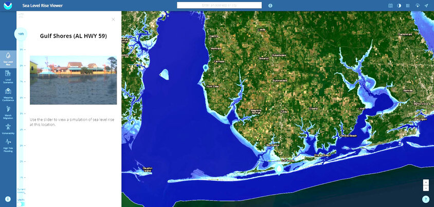 Light blue shows where rising sea levels will impact areas in Baldwin County.