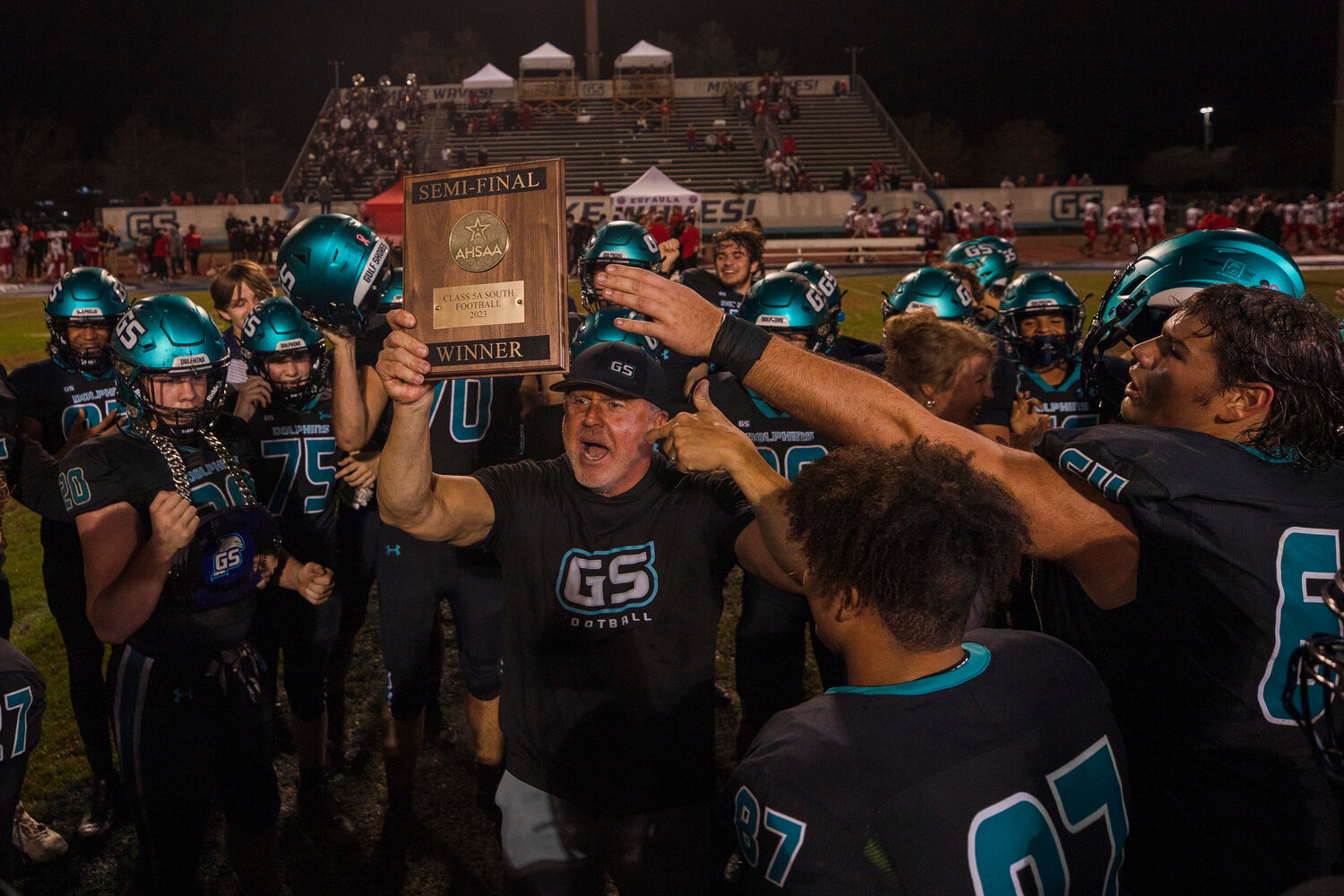 The Class 5A semifinal plaque stayed in Gulf Shores after the Dolphins’ 45-0 win over the Eufaula Tigers Friday night to punch a ticket to the state finals on Thursday in Tuscaloosa. Gulf Shores recorded its fifth shutout victory, and third of the postseason, to remain undefeated at 14-0.