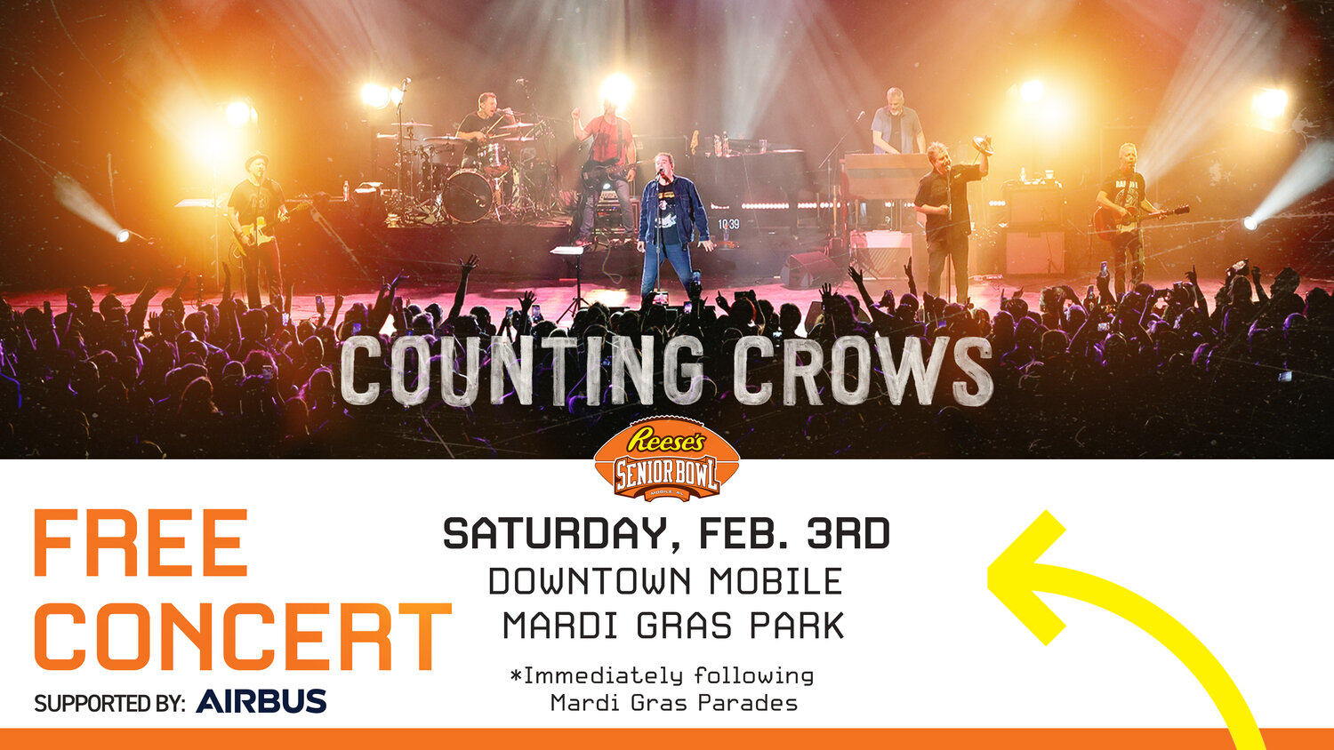 The Counting Crows will take the stage at Mardi Gras Park in downtown Mobile after the evening’s carnival parades conclude around 8:30 p.m. on Feb. 3, 2024. Previous Senior Bowl concerts have taken place on Friday night of game week; however, this year’s free event has been moved to Saturday to accommodate the Senior Bowl 75th Anniversary Legends Gala.