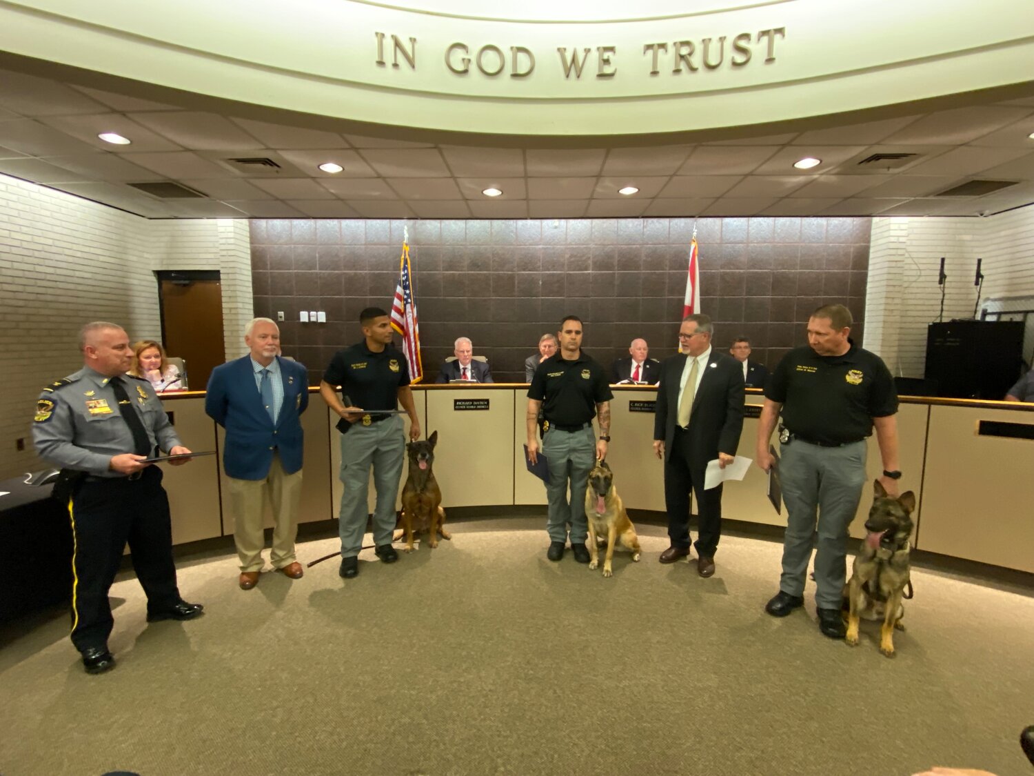 Foley city officials recognize Police Department K-9 units during a City Council meeting Monday, Dec. 4. Foley hosted the United States Canine Association National Field Trials for 2023.