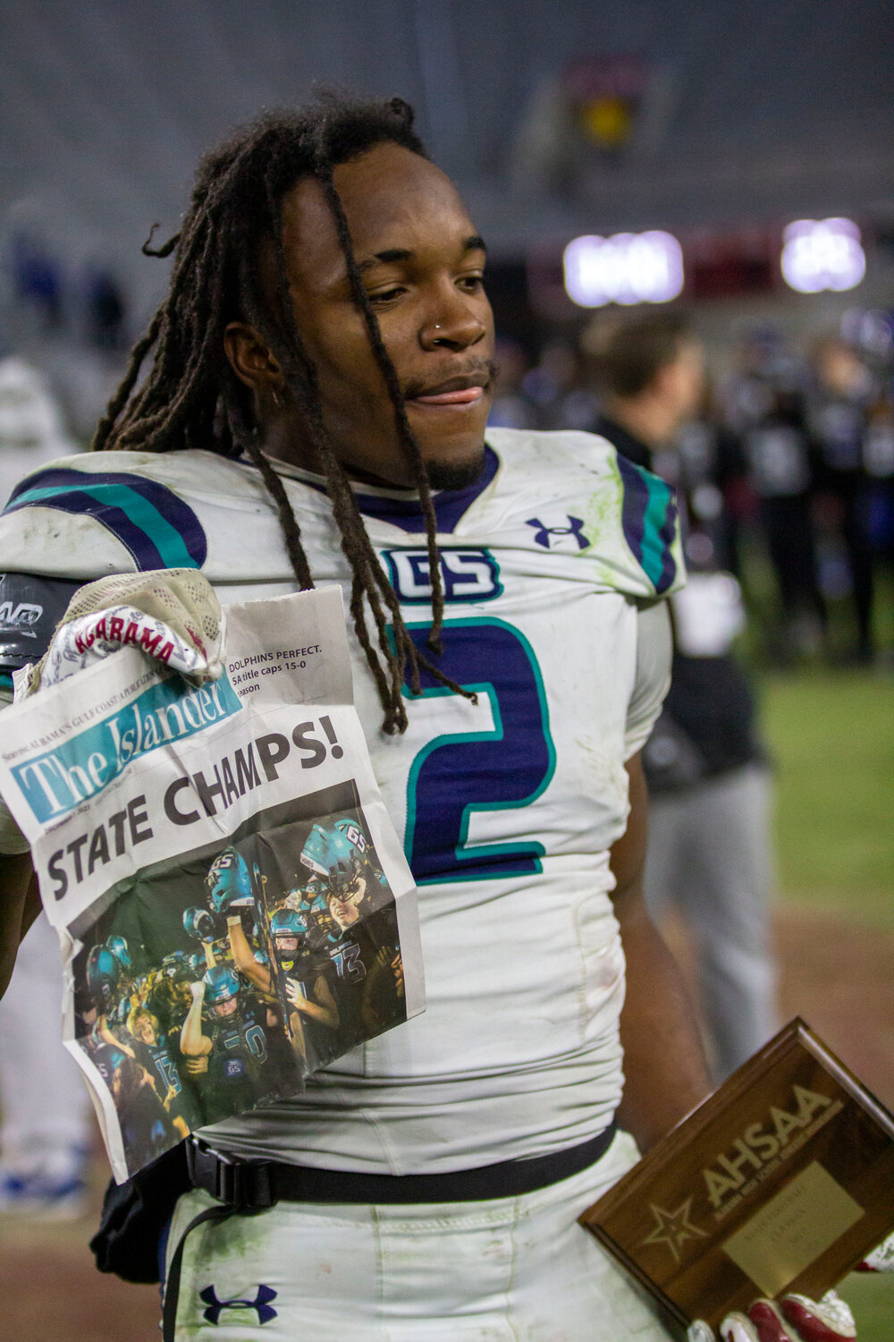 Class 5A State Championship MVP Ronnie Royal soaks in the 21-14 win over Ramsay in Tuscaloosa Thursday night. With 245 all-purpose yards and 2 touchdowns, Royal also added 4 tackles and a one-handed interception to highlight a stout defensive effort.
