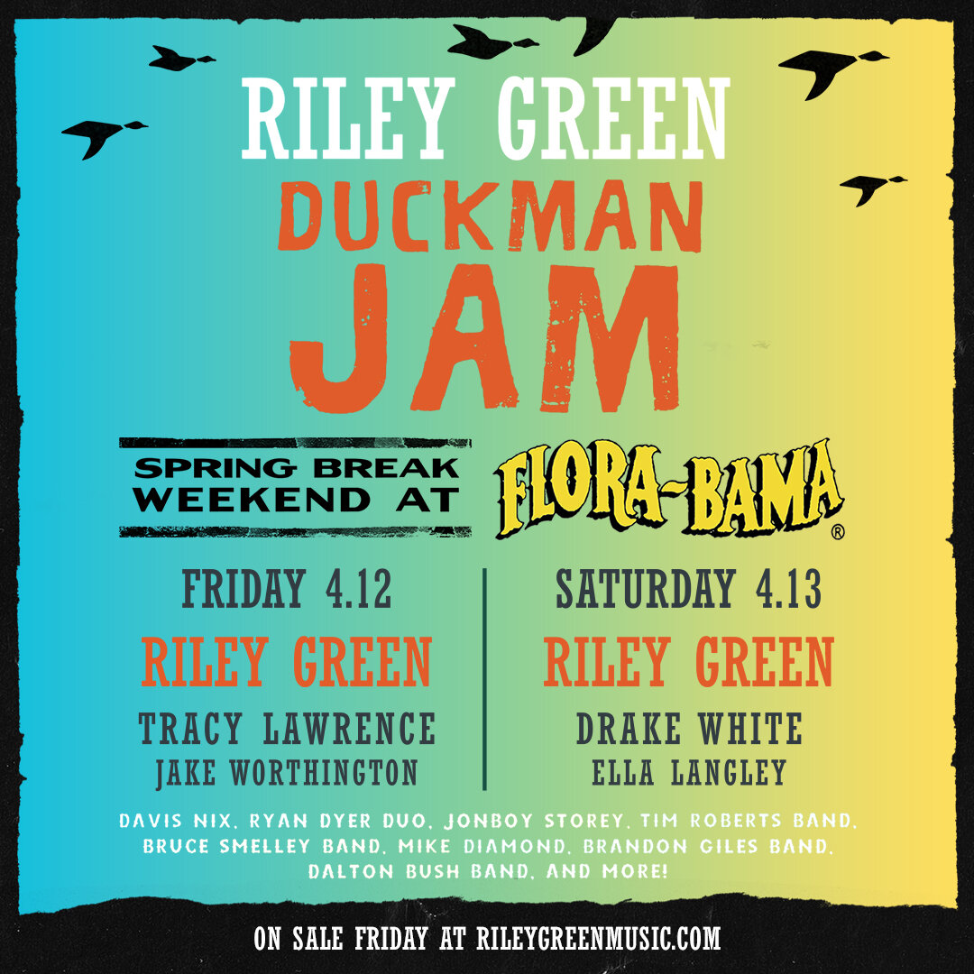 Looking to add a little music to your spring break plans? The Flora-Bama recently announced that country music star Riley Green will be headline the bar's annual Duckman Jam beach concert event April 12-13.