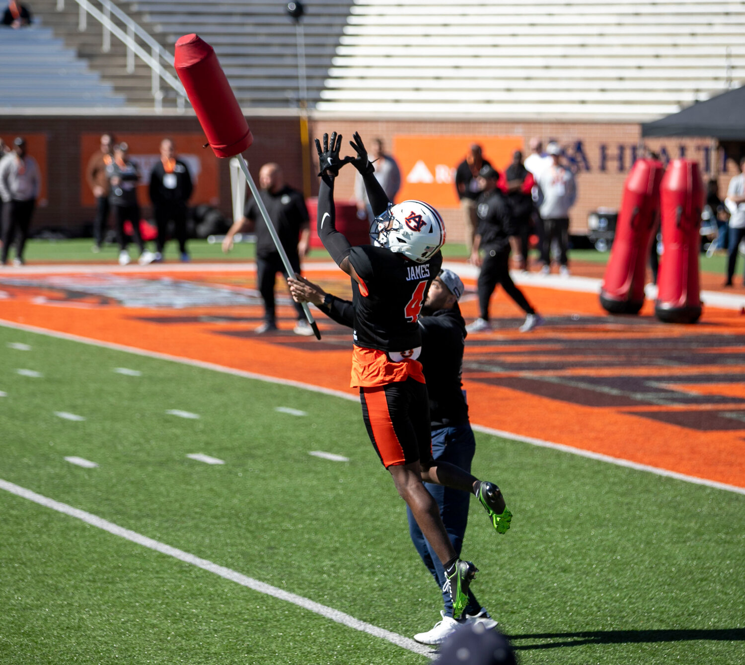 DJ James leaps for a jump ball during Wednesday’s practice drills at Hancock Whitney Stadium as part of the Senior Bowl. The former Toro was a standout defensive back at Oregon and Auburn and now he shifts his focus toward ascending to the next level.