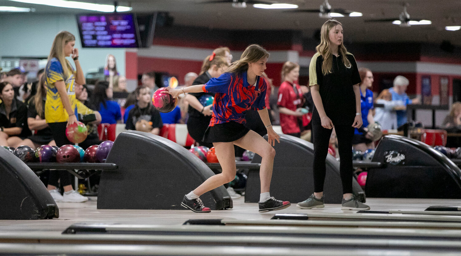 Orange Beach’s Sadie Rose loads an attempt during Thursday’s traditional rounds for seeding ahead of Friday’s AHSAA State Championship at Bowlero Mobile. Rose was the top individual bowler for the Makos with a three-game score of 454 for 18th overall.