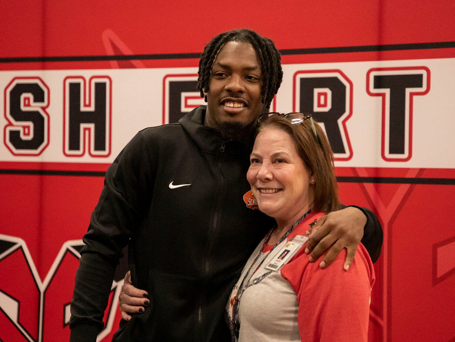 DJ James shares an embrace with Spanish Fort teacher Kristen Box who was on hand to welcome home the former Toro as he prepares for the NFL Draft at the Senior Bowl. James was joined by a fellow Spanish Fort alum in Kris Abrams-Draine in returning to their old stomping grounds on Friday, Feb. 2.