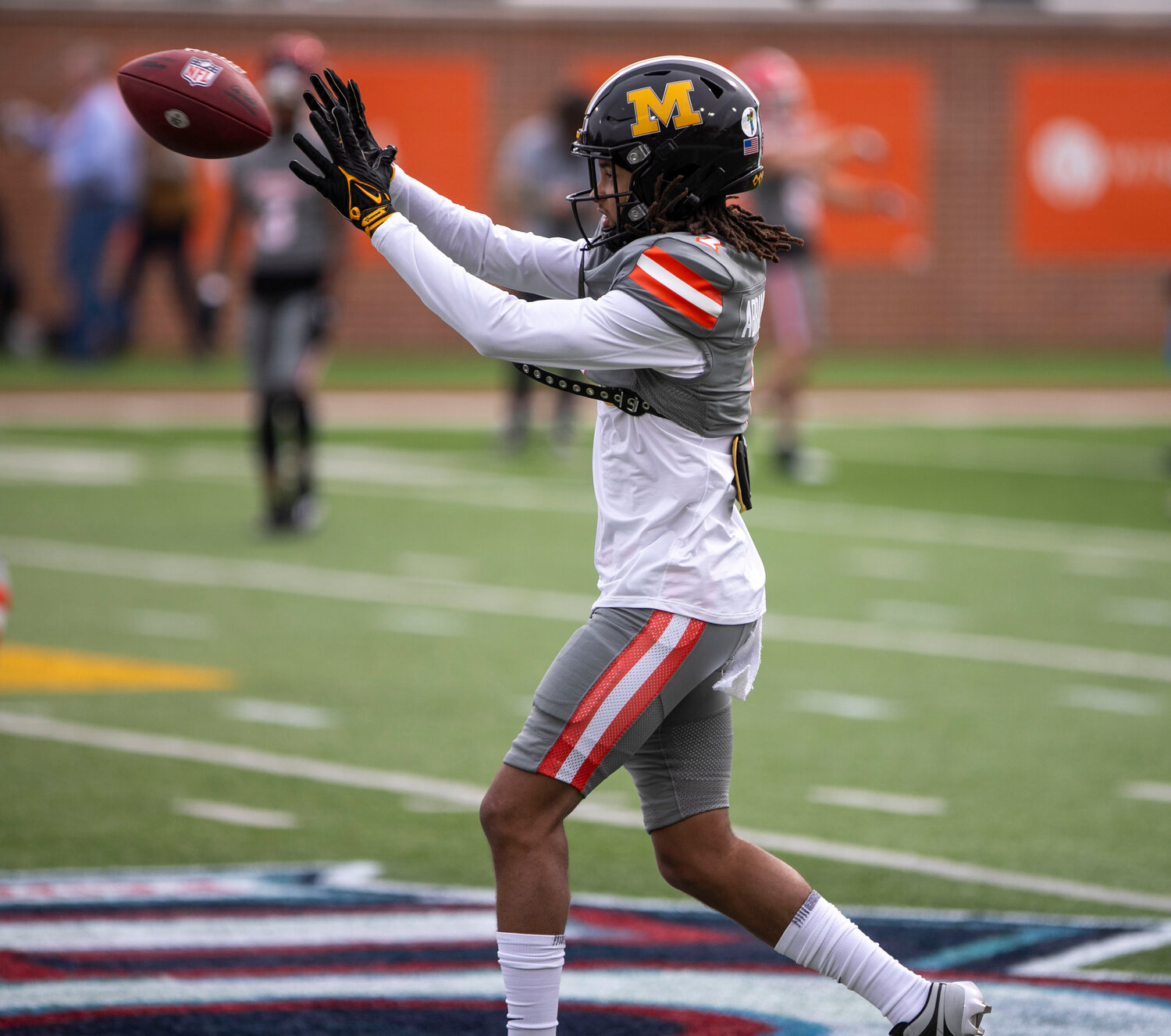 Kris Abrams-Draine catches a pass during pregame warmups on Saturday, Feb. 3, at Hancock Whitney Stadium in Mobile ahead of the 75th-annual Reese’s Senior Bowl. The former Missouri Tiger felt a sense of relief now that the Senior Bowl festivities have wrapped up and he can get back to training before the 2024 NFL Draft this spring.