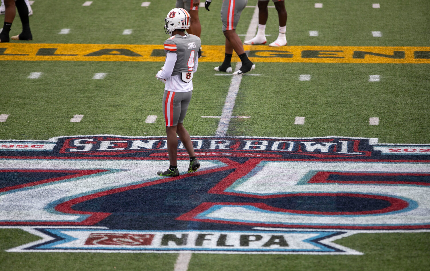 DJ James goes through warmups ahead of Saturday’s Senior Bowl game at Mobile’s Hancock Whitney Stadium on the campus of South Alabama. The former Oregon Duck and Auburn Tiger played in his hometown one last time as preparations for April’s NFL Draft wind down.
