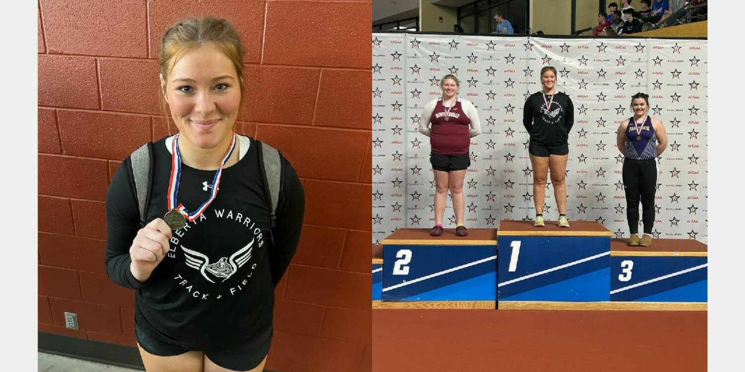 Elberta senior Morgan Thrift used a new personal and school record of 36’ 4” to win the shot put event at Saturday’s AHSAA Class 4A-5A State Indoor Track Championships. Thrift previously set the record a week ago, also at the Birmingham Crossplex, at 35’ 9” to also win that event.