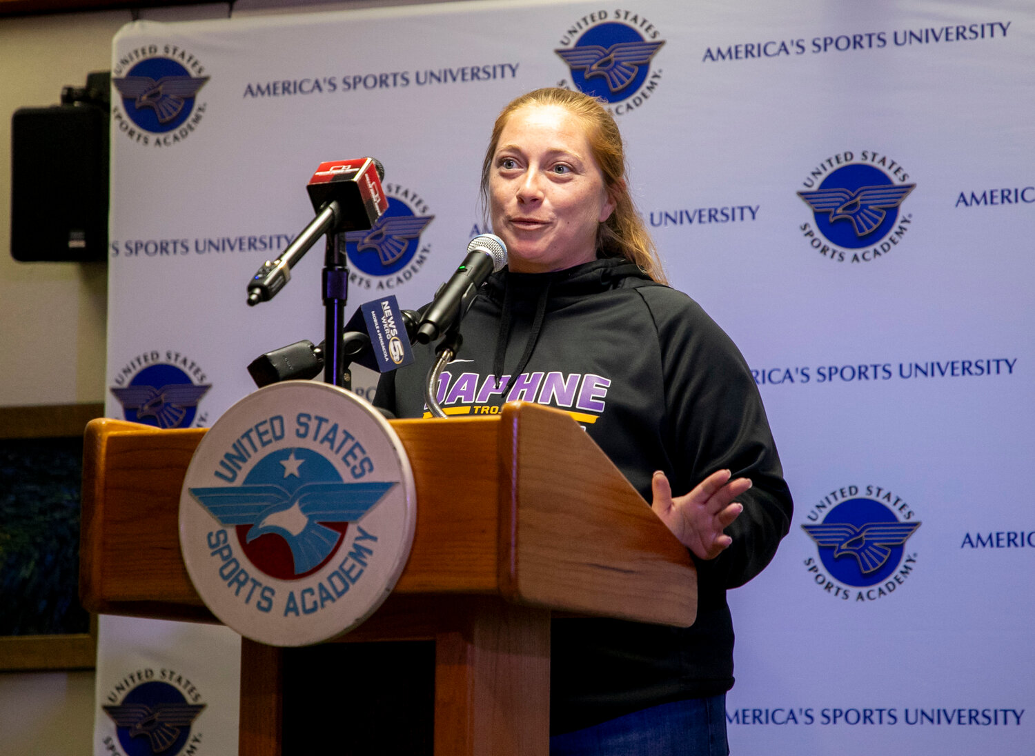 Daphne head softball coach Jenny Laird meets with the media Tuesday afternoon to preview the Trojans’ season at the United States Sports Academy. Daphne is set to open the season at its host tournament on Feb. 23.