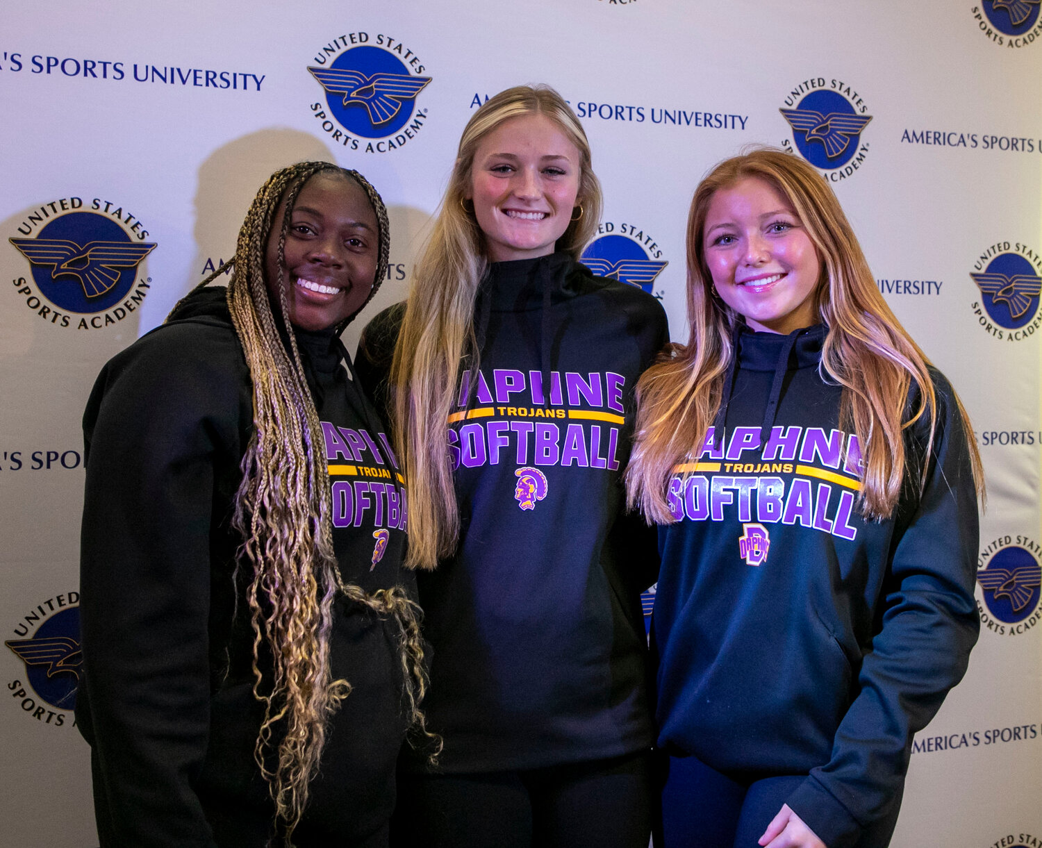 Vic Moten, Hannah Newport and Farley Harris met with the media on behalf of the Daphne Trojans Tuesday afternoon at the United States Sports Academy’s Baldwin County Media Day.
