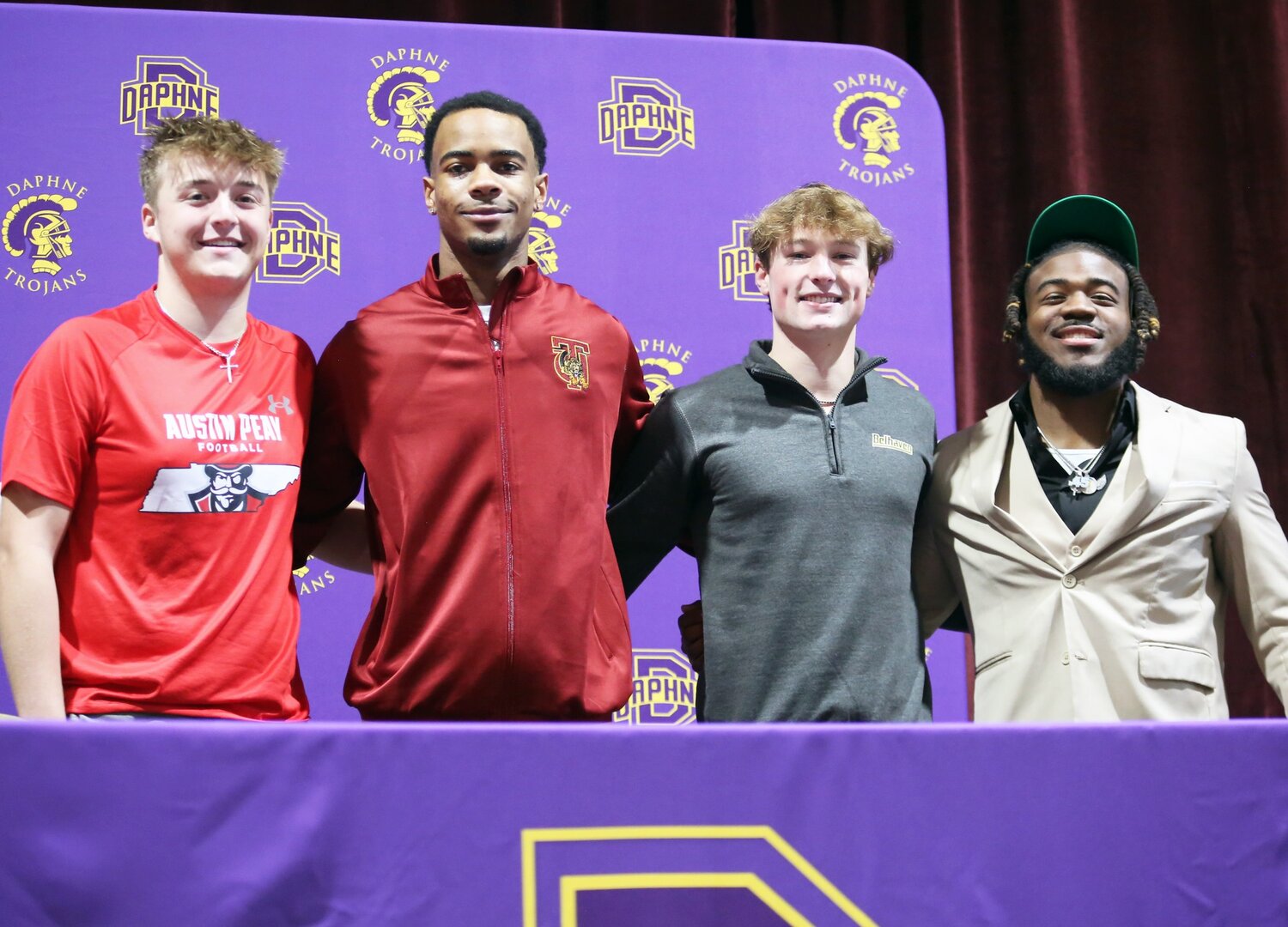 Hayden McLaurin (Austin Peay), Al Woodard (Tuskegee), John Davis (Belhaven) and Nick Clark (Delta State) became the Daphne Trojans’ newest college football signees during a ceremony at Trojan Hall on Wednesday, Feb. 7. The quartet of Daphne football players helped their team return to the postseason with a 4-2 region record.