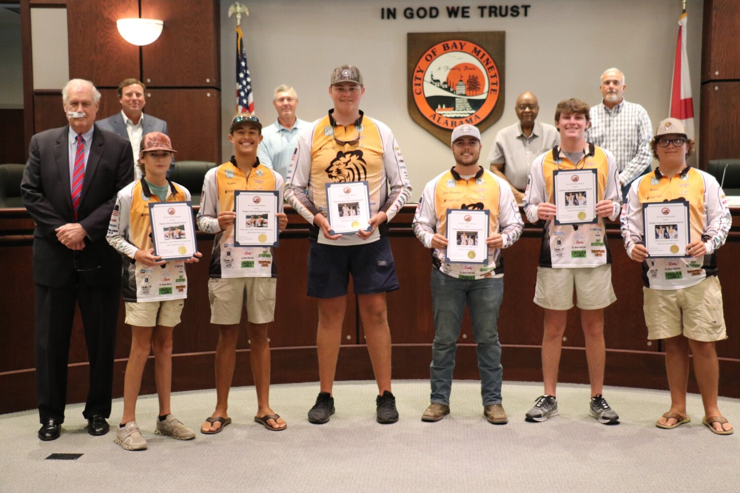 Members of the Bay Minette City Council recognize the three teams from the BCHS Fishing Team who competed in the Bassmaster National Championship tournaments.