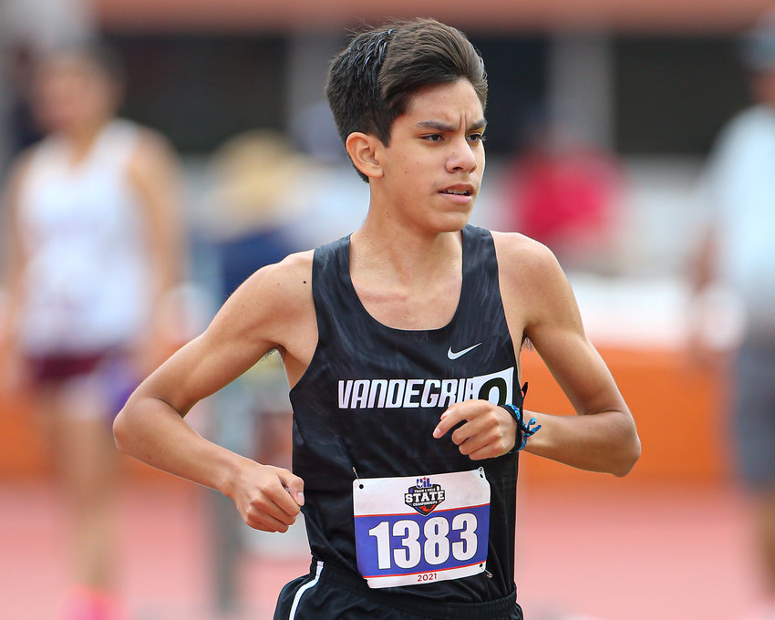 Kevin Sanchez of Vandegrift High School runs in the Class 6A boys 3200 meter run during the UIL State Track and Field Meet on May 7, 2021 at Mike A. Myers Stadium in Austin, Texas. Sanchez finished ninth in the event.