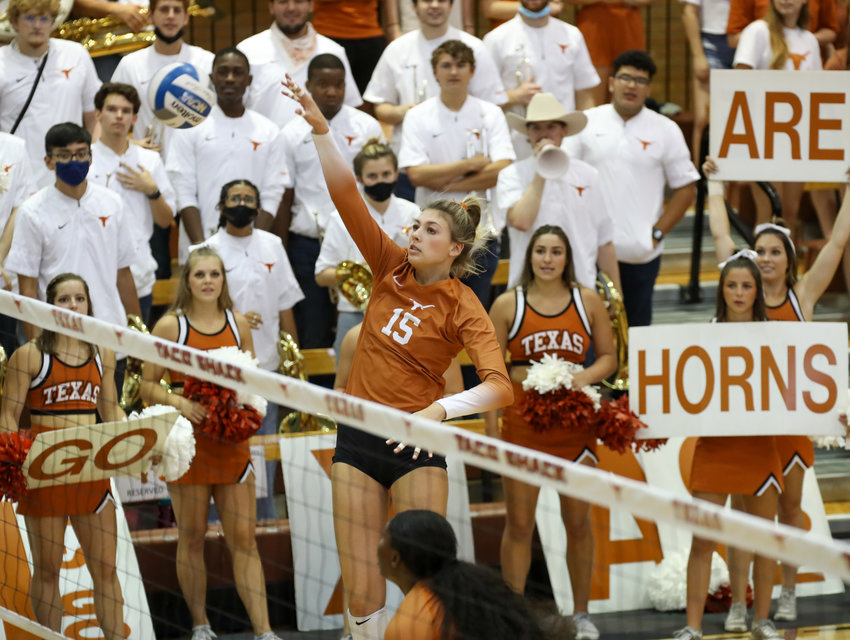 Texas Longhorns junior middle blocker Molly Phillips (15) during an NCAA volleyball match between Texas and UTSA on August 29, 2021 in Austin, Texas.