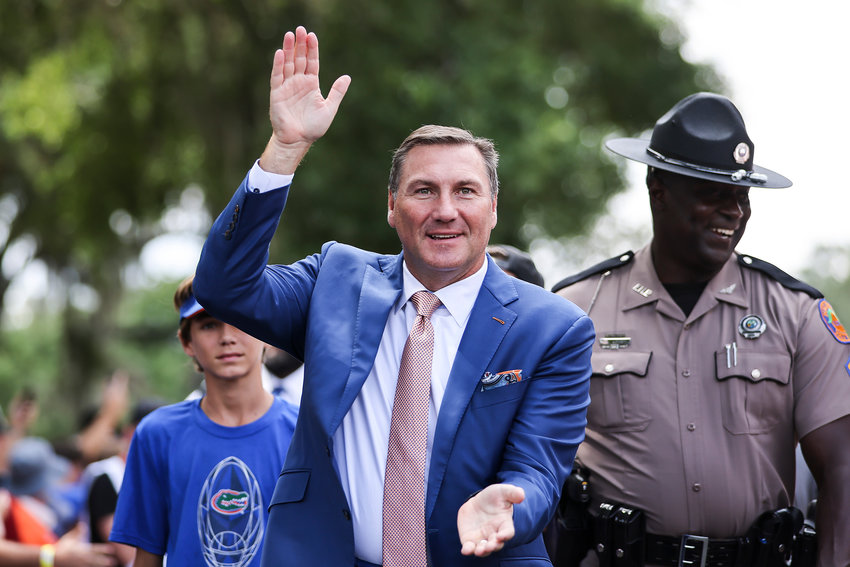 Head coach Dan Mullen of the Florida Gators arrives for a game against the Alabama Crimson Tide at Ben Hill Griffin Stadium on September 18, 2021 in Gainesville, Florida. (James Gilbert/Getty Images/TNS)