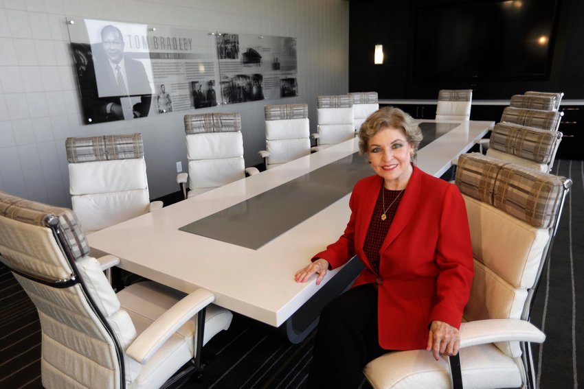 Betsy Berkhemer-Credaire, CEO of 50/50 Women on Boards, in the Tom Bradley Conference Room at City Club LA in downtown Los Angeles on Sept. 3, 2021. (Genaro Molina/Los Angeles Times/TNS)