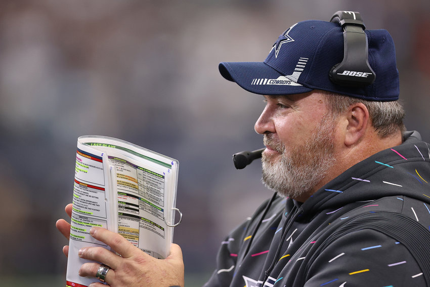 Head coach Mike McCarthy of the Dallas Cowboys looks on during the second half against the Carolina Panthers at AT&amp;T Stadium on October 03, 2021 in Arlington, Texas. (Tom Pennington/Getty Images/TNS)