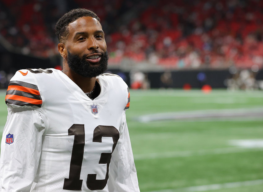 Cleveland Browns wide receiver Odell Beckham Jr. walks off the field after the first half against the Atlanta Falcons at Mercedes-Benz Stadium on August 29, 2021, in Atlanta. (Kevin C. Cox/Getty Images/TNS)