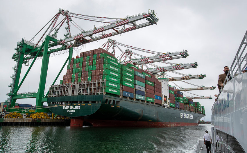 The Evergreen container ship Ever Salute is loaded with containers at the Port of Los Angeles Monday, June 4, 2019. (Allen J. Schaben/Los Angeles Times/TNS)