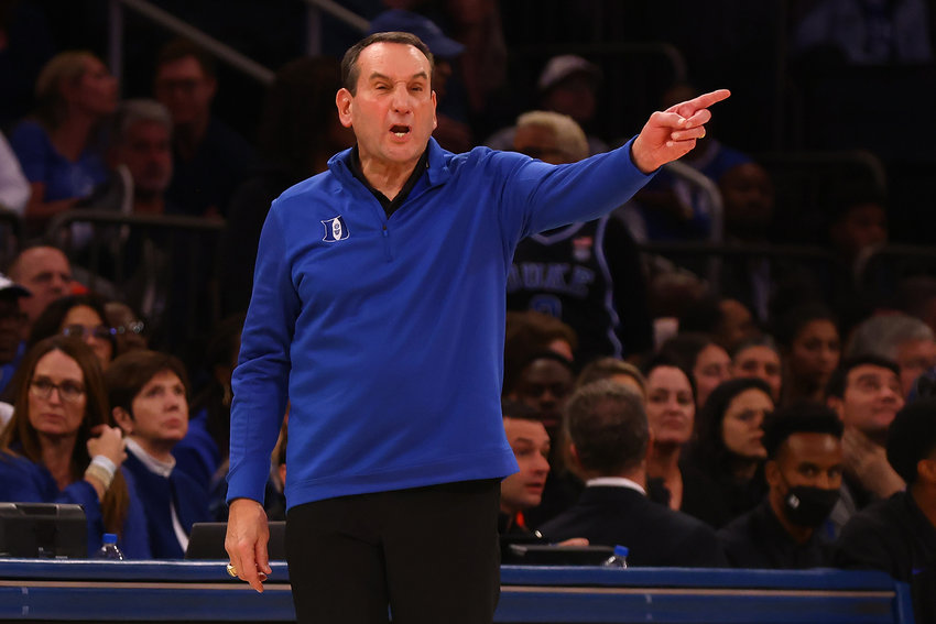 Head coach Mike Krzyzewski of the Duke Blue Devils looks on against the Kansas State Wildcats during the State Farm Champions Classic at Madison Square Garden on November 09, 2021 in New York City. (Mike Stobe/Getty Images/TNS)