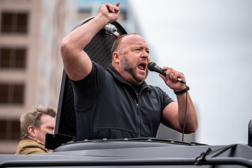 In this file photo, Infowars host Alex Jones arrives at the Texas State Capitol on April 18, 2020, in Austin, Texas. (Sergio Flores/Getty Images/TNS)