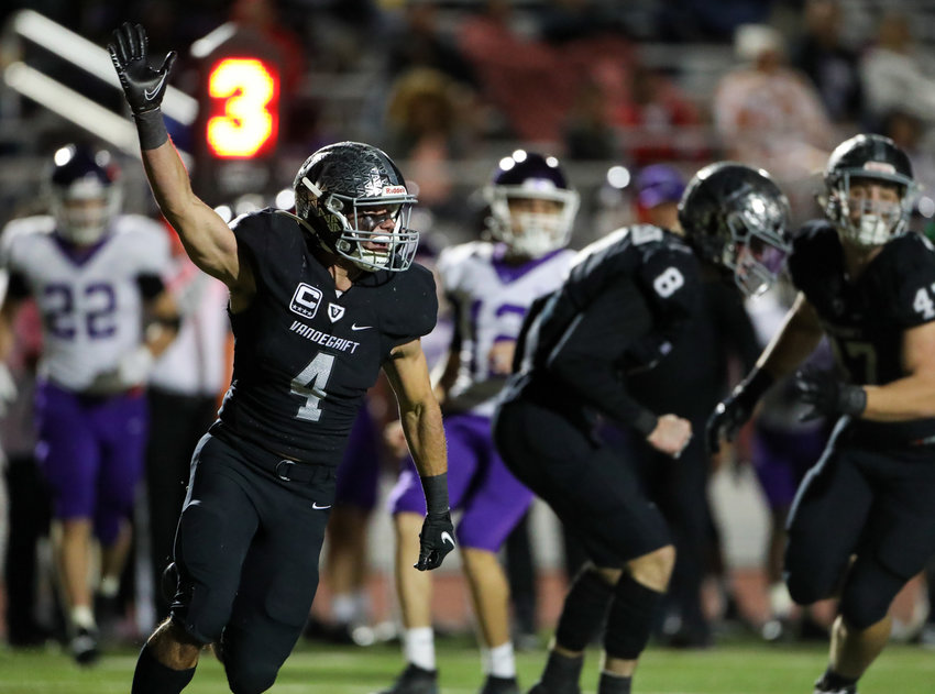 Vandegrift Vipers senior defensive back Griffin Shaffer (4) celebrates after the Vipers recover their fourth San Marcos Rattler fumble in the first half of a bi-district playoff game between Vandegrift and San Marcos on November 12, 2021 in Austin, Texas.