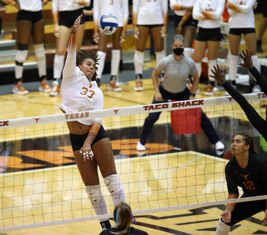 Texas Longhorns senior outside hitter Logan Eggleston (33) during an NCAA volleyball match between Texas and Texas State on September 7, 2021 in Austin, Texas.