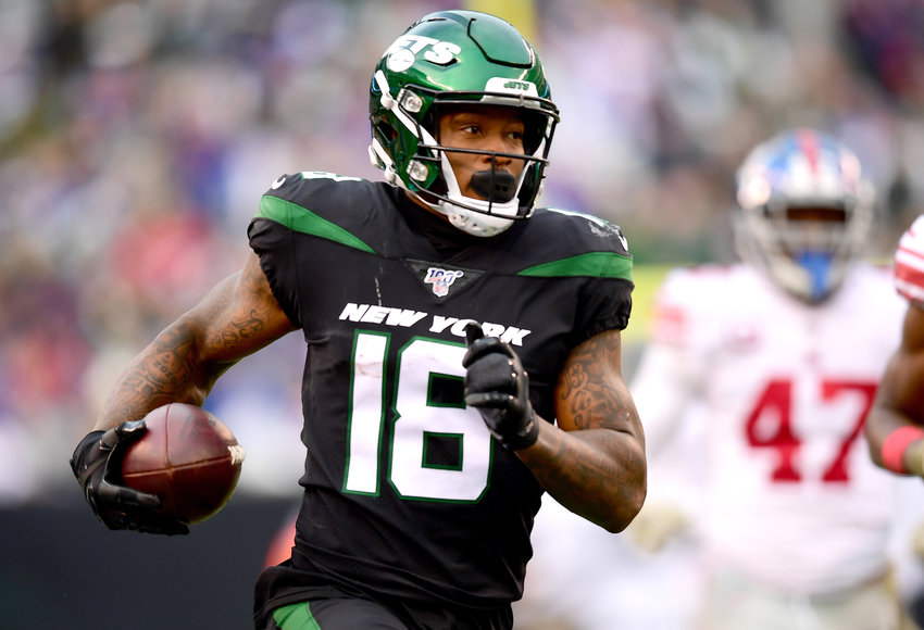 In this photo from November 10, 2019, Demaryius Thomas (18) of the New York Jets runs the ball in the second half of their game against the New York Giants at MetLife Stadium in East Rutherford, New Jersey. (Emilee Chinn/Getty Images/TNS)