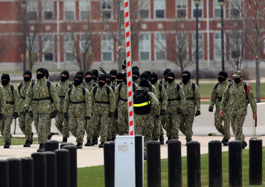 Sailors drill at the Naval Station Great Lakes on Tuesday, April 14, 2020 in Great Lakes, Illinois. Naval Station Great Lakes is the home of the United States Navy's only boot camp. (Stacey Wescott/Chicago Tribune/TNS)