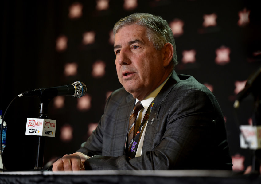 Bob Bowlsby, commissioner of the Big 12, talks to the media as he announces that the Big 12 basketball tournament was cancelled due to growing concerns with the coronavirus (COVID-19) outbreak, at the Sprint Center on March 12, 2020 in Kansas City, Missouri. (Ed Zurga/Getty Images/TNS)