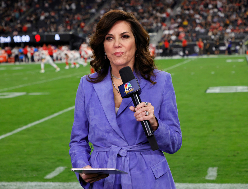 NBC &quot;Sunday Night Football&quot; sideline reporter Michele Tafoya speaks during a game between the Kansas City Chiefs and the Las Vegas Raiders at Allegiant Stadium on Nov. 14, 2021, in Las Vegas. (Ethan Miller/Getty Images/TNS)