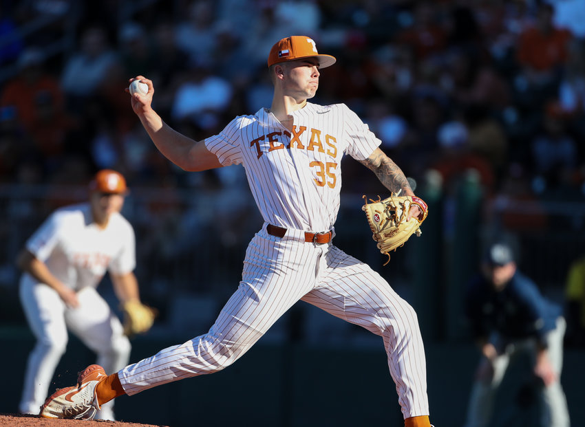 Texas pitcher TRISTAN STEVENS (35) on the mound during an NCAA baseball game against Rice on Feb. 19, 2022 in Austin, Texas.