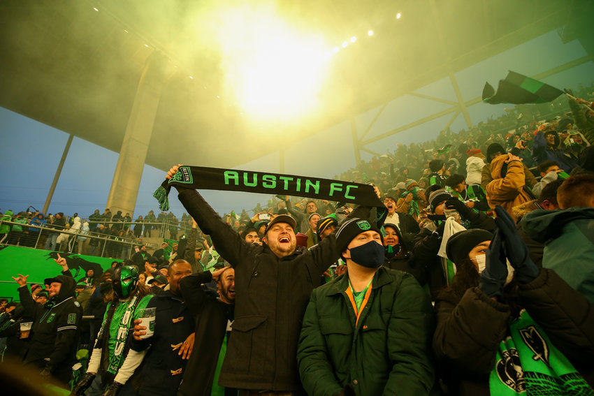 Austin FC supporters celebrate a goal during a Major League Soccer match on Feb. 26, 2022 in Austin, Texas.
