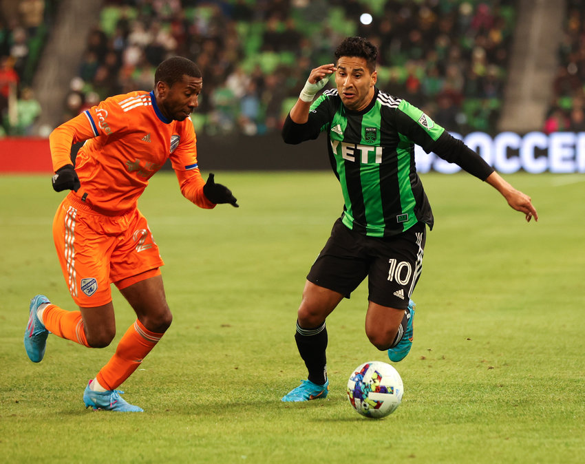 Austin FC midfielder Cecilio Dominguez (10) moves the ball during a Major League Soccer match on Feb. 26, 2022 in Austin, Texas.