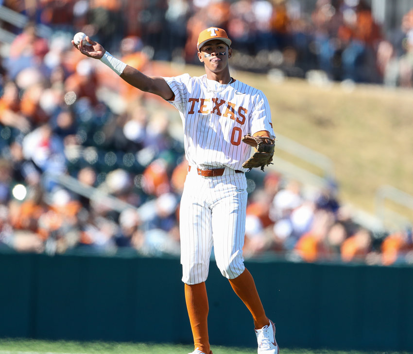 Texas shortstop TREY FALTINE (0) during an NCAA baseball game on Feb. 19, 2022 in Austin, Texas.
