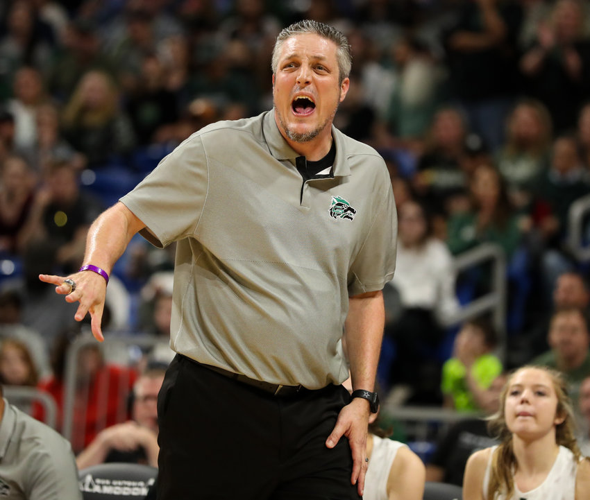 Cedar Park head coach Donny Ott during the Class 5A girls basketball state championship game on March 5, 2022 in San Antonio, Texas.