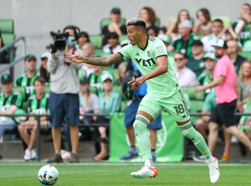 Austin FC defender Julio Cascante (18) gestures to a teammate while setting up a pass during a Major League Soccer match against Inter Miami on March 6, 2021 in Austin, Texas.