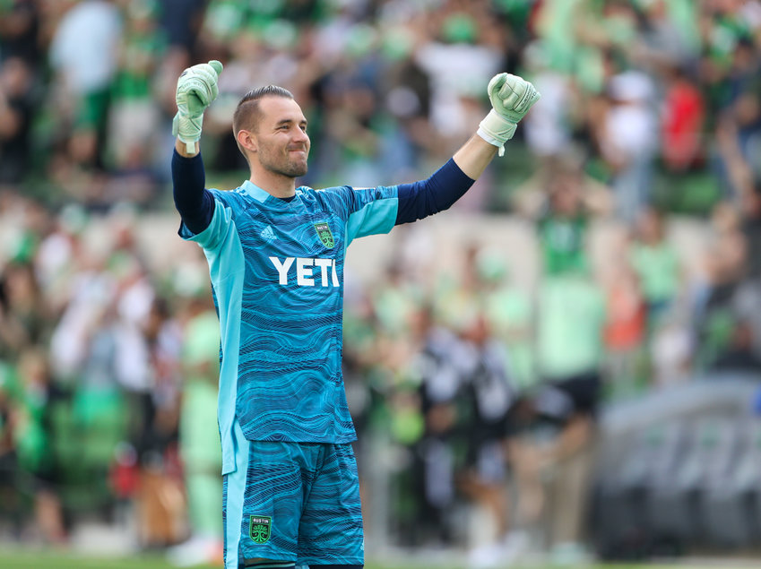 Austin FC goalkeeper Brad Stuver (1) gestures to the crowd after an Austin FC goal during a Major League Soccer match against Inter Miami on March 6, 2021 in Austin, Texas.