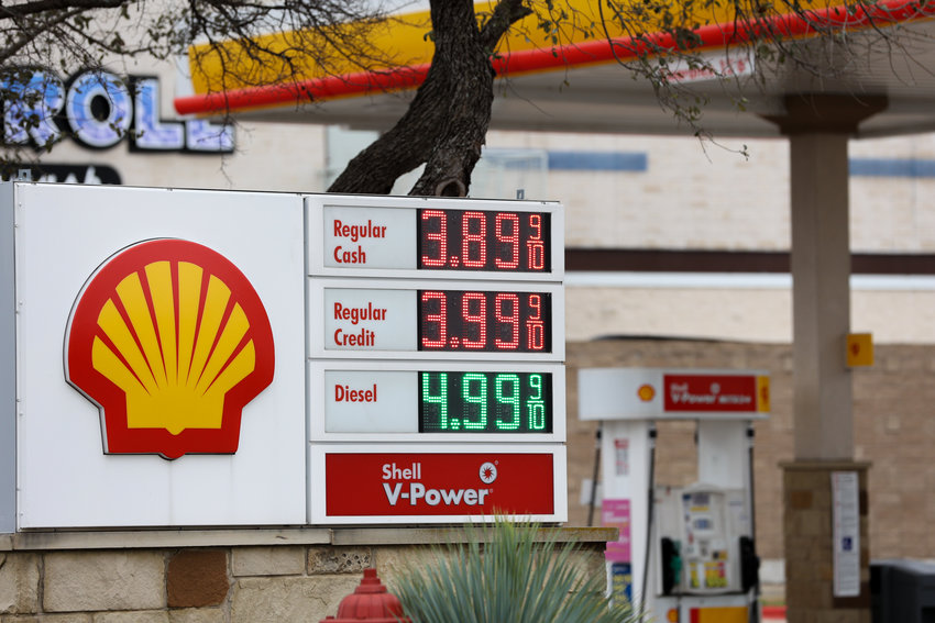 A sign showing gas prices starting at $3.89 per gallon and $4.99 per gallon for diesel fuel at a Shell station in Cedar Park, Texas on March 7, 2022.