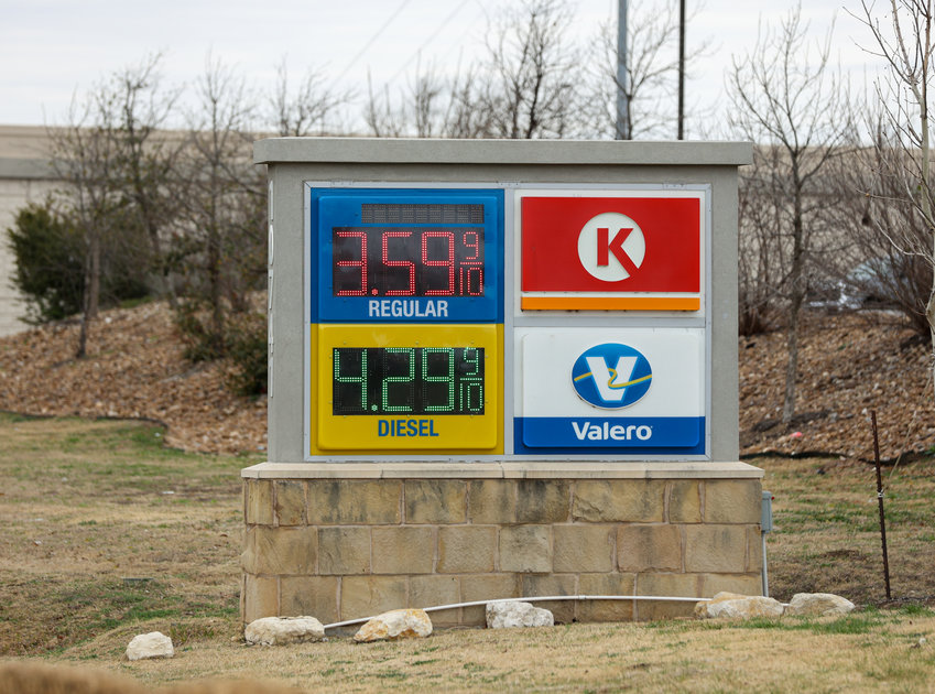A sign showing gas prices starting at $3.59 per gallon and $4.59 per gallon for diesel at a Circle K Valero station in Leander, Texas on March 7, 2022.