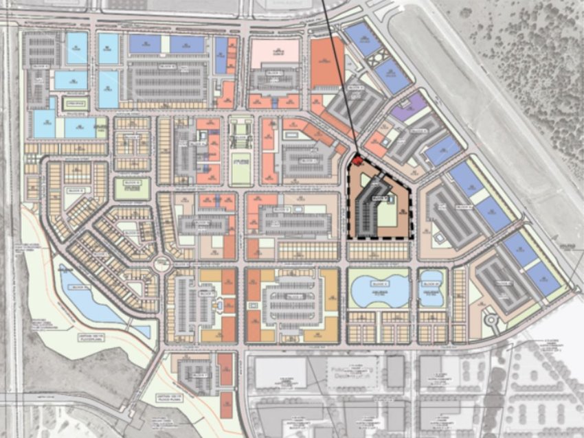 A graphic shows where a potential site for a new Leander City Hall could be located within the planned Northline development.