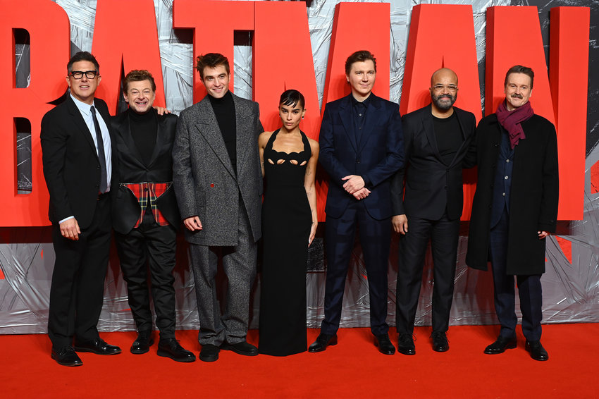 From left, Dylan Clark, Andy Serkis, Robert Pattinson, Zo&euml; Kravitz, Paul Dano, Jeffrey Wright and Matt Reeves attend a special screening of &quot;The Batman&quot; at BFI IMAX Waterloo on Feb. 23, 2022 in London, England. (Joe Maher/Getty Images/TNS)