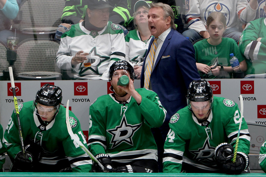 In this photo from March 22, 2022, head coach Rick Bowness of the Dallas Stars reacts as the Stars take on the Edmonton Oilers in the third period at American Airlines Center in Dallas, Texas. (Tom Pennington/Getty Images/TNS)