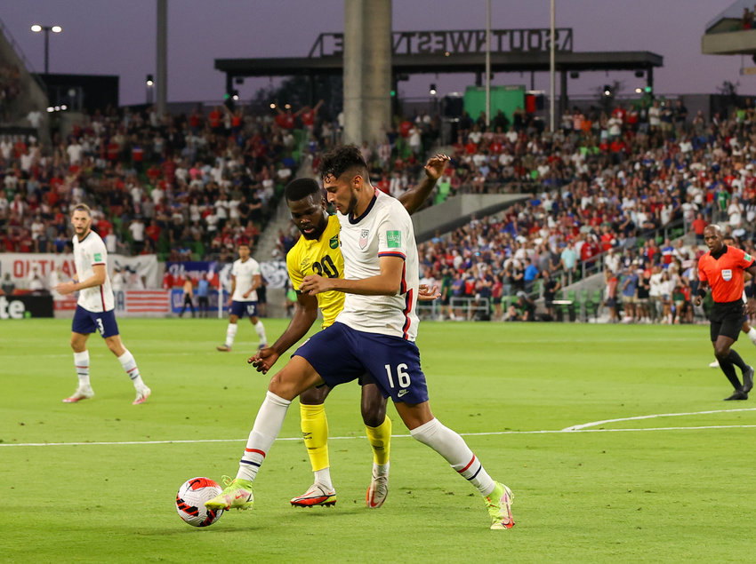 United States forward RICARDO PEPI (16) works against Jamaica defender KEMAR LAWRENCE (20) during a FIFA World Cup qualifier between the United States and Jamaica on October 7, 2021 in Austin, Texas. USA won 2-0.