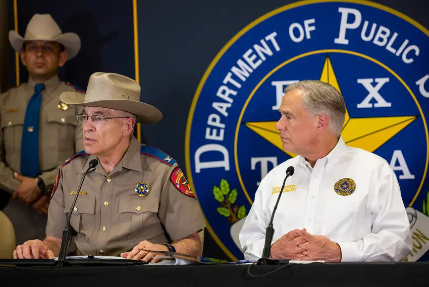 Texas Department of Public Safety Director Steve McCraw speaks at a press conference with Gov. Greg Abbott in Weslaco on April 6, 2022.