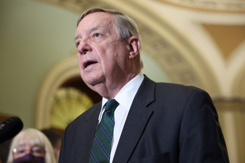 Senate Majority Whip Richard Durbin (D-IL) speaks at a news conference with Senate Democratic Leadership at the Capitol Building on August 3, 2021 in Washington, DC. (Anna Moneymaker/Getty Images/TNS)
